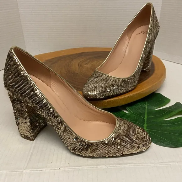 JCrew Holiday Gold Sequined Block Heels NEW!