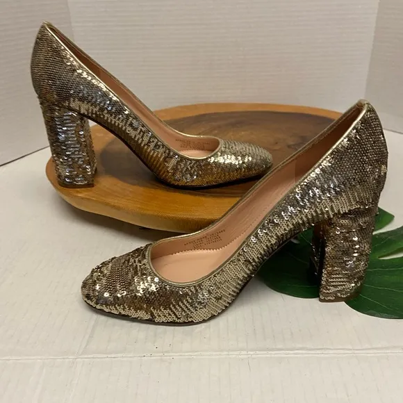 JCrew Holiday Gold Sequined Block Heels NEW!