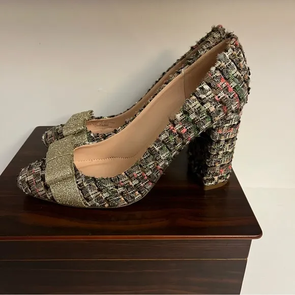 J.Crew Multicolor Tweed Heels with Gold Bow Made in Italy Womens Size 8 1/2