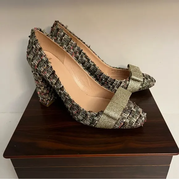 J.Crew Multicolor Tweed Heels with Gold Bow Made in Italy Womens Size 8 1/2