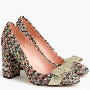 J.Crew Multicolor Tweed Heels with Gold Bow Made in Italy Womens Size 8 1/2