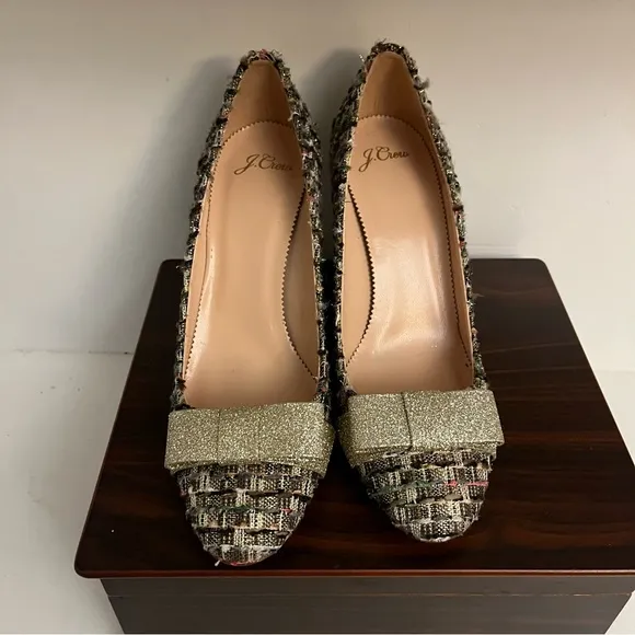 J.Crew Multicolor Tweed Heels with Gold Bow Made in Italy Womens Size 8 1/2
