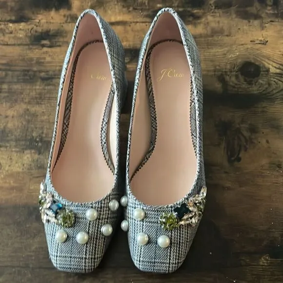 J.CrewGray Celia Block Heel Plaid Jewel Pumps Size 7.5/ Excellent