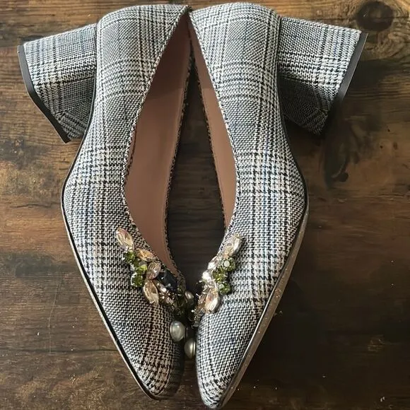 J.CrewGray Celia Block Heel Plaid Jewel Pumps Size 7.5/ Excellent