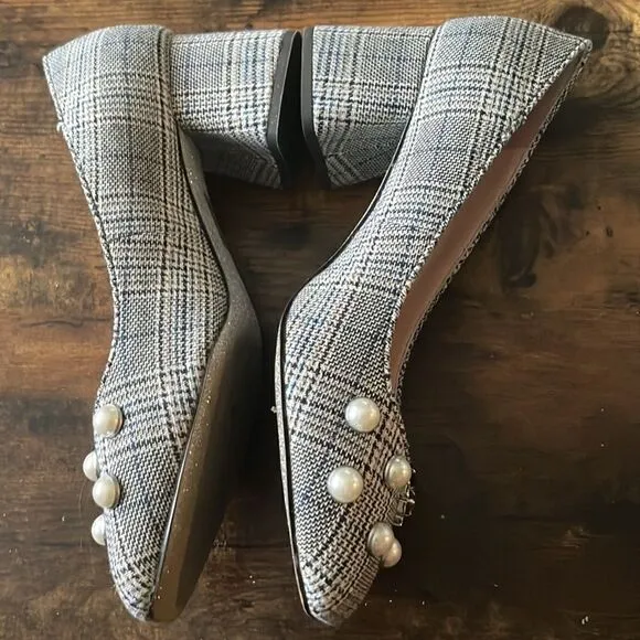 J.CrewGray Celia Block Heel Plaid Jewel Pumps Size 7.5/ Excellent
