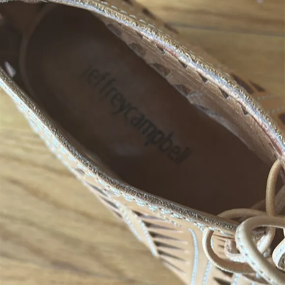 Jeffrey Campbell 7 tan leather open toe heels with cut outs lace up great cond