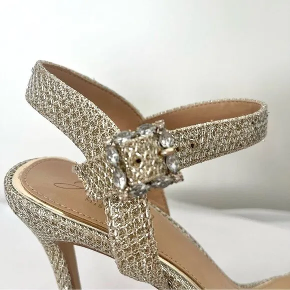 Jewel Badgely Mischka Arlina Glitter Open Toe Ankle Strap Sandal Heels Gold 8