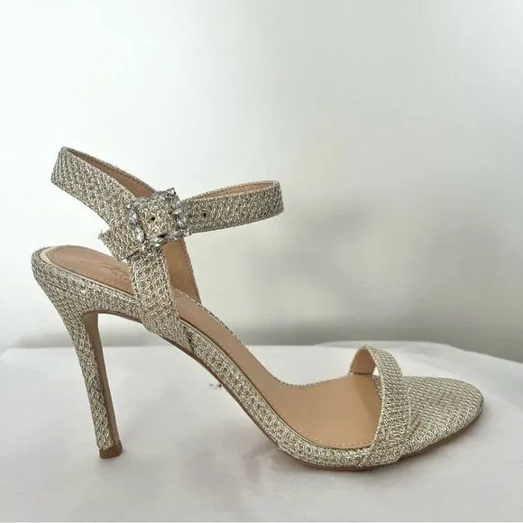 Jewel Badgely Mischka Arlina Glitter Open Toe Ankle Strap Sandal Heels Gold 8