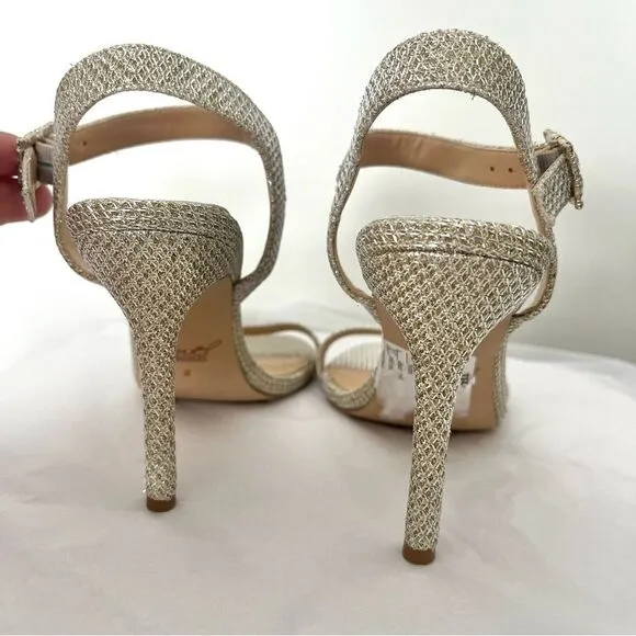 Jewel Badgely Mischka Arlina Glitter Open Toe Ankle Strap Sandal Heels Gold 8