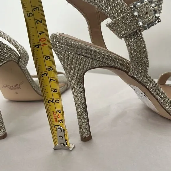 Jewel Badgely Mischka Arlina Glitter Open Toe Ankle Strap Sandal Heels Gold 8