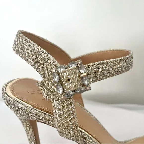 Jewel Badgely Mischka Arlina Glitter Open Toe Ankle Strap Sandal Heels Gold 8