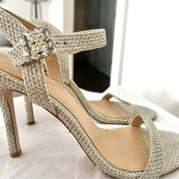 Jewel Badgely Mischka Arlina Glitter Open Toe Ankle Strap Sandal Heels Gold 8