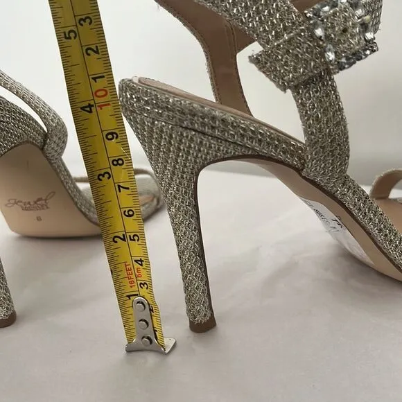 Jewel Badgely Mischka Arlina Glitter Open Toe Ankle Strap Sandal Heels Gold 8