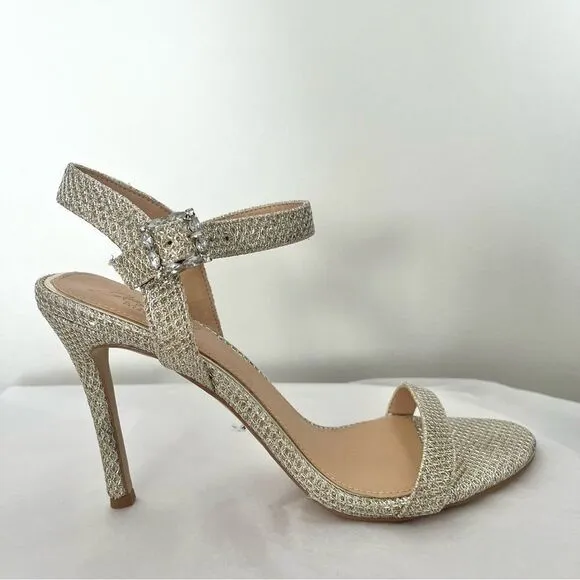 Jewel Badgely Mischka Arlina Glitter Open Toe Ankle Strap Sandal Heels Gold 8