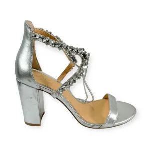 Jewel Badgley Mishka NEW Thamar Crystal Strappy Block Heel Silver Women's Sz 8.5