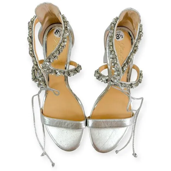Jewel Badgley Mishka NEW Thamar Crystal Strappy Block Heel Silver Women's Sz 8.5