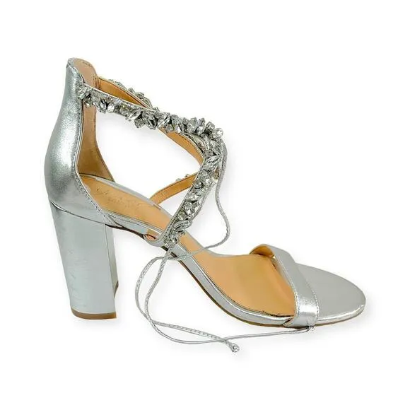 Jewel Badgley Mishka NEW Thamar Crystal Strappy Block Heel Silver Women's Sz 8.5