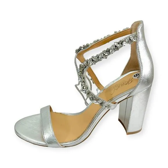 Jewel Badgley Mishka NEW Thamar Crystal Strappy Block Heel Silver Women's Sz 8.5