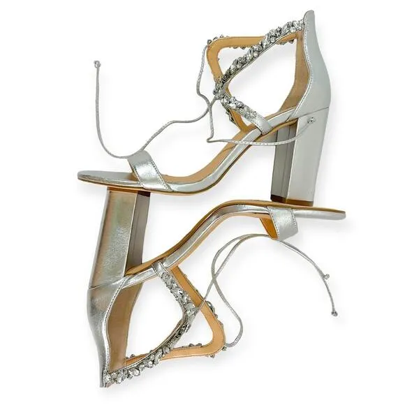 Jewel Badgley Mishka NEW Thamar Crystal Strappy Block Heel Silver Women's Sz 8.5
