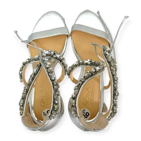 Jewel Badgley Mishka NEW Thamar Crystal Strappy Block Heel Silver Women's Sz 8.5