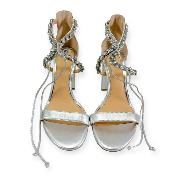 Jewel Badgley Mishka NEW Thamar Crystal Strappy Block Heel Silver Women's Sz 8.5