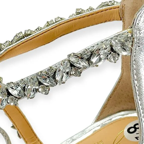 Jewel Badgley Mishka NEW Thamar Crystal Strappy Block Heel Silver Women's Sz 8.5