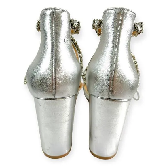 Jewel Badgley Mishka NEW Thamar Crystal Strappy Block Heel Silver Women's Sz 8.5