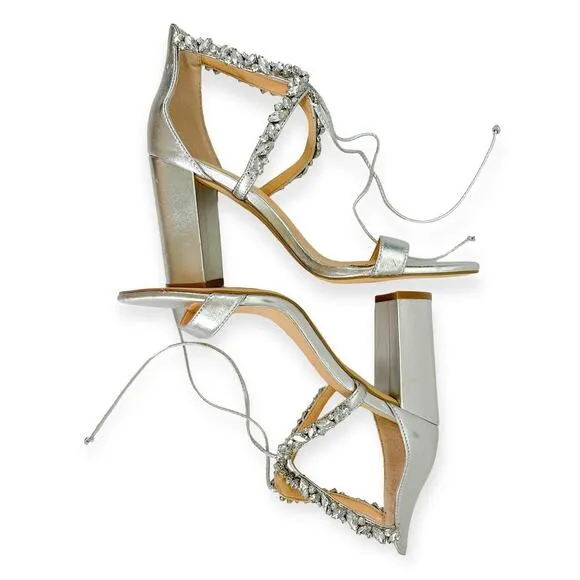 Jewel Badgley Mishka NEW Thamar Crystal Strappy Block Heel Silver Women's Sz 8.5