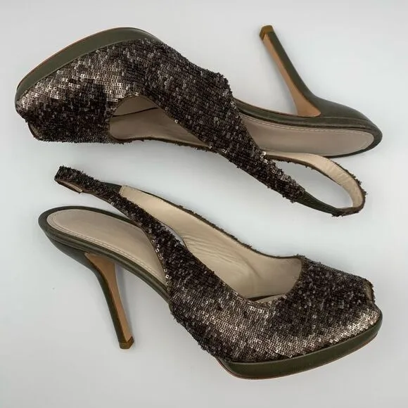 Jil Sander Micro Sequin Peep Toe Slingback Heels Olive Green Size 8.5