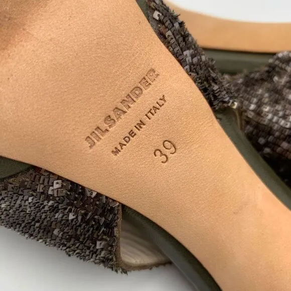 Jil Sander Micro Sequin Peep Toe Slingback Heels Olive Green Size 8.5