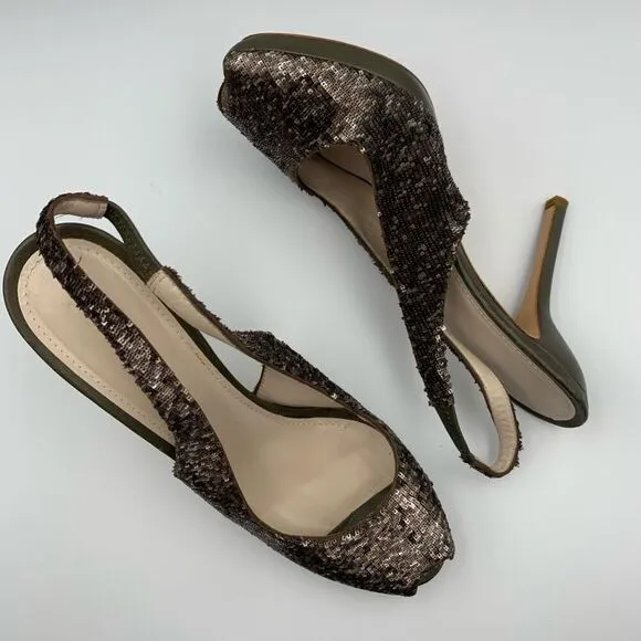 Jil Sander Micro Sequin Peep Toe Slingback Heels Olive Green Size 8.5