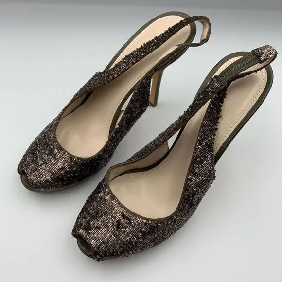 Jil Sander Micro Sequin Peep Toe Slingback Heels Olive Green Size 8.5