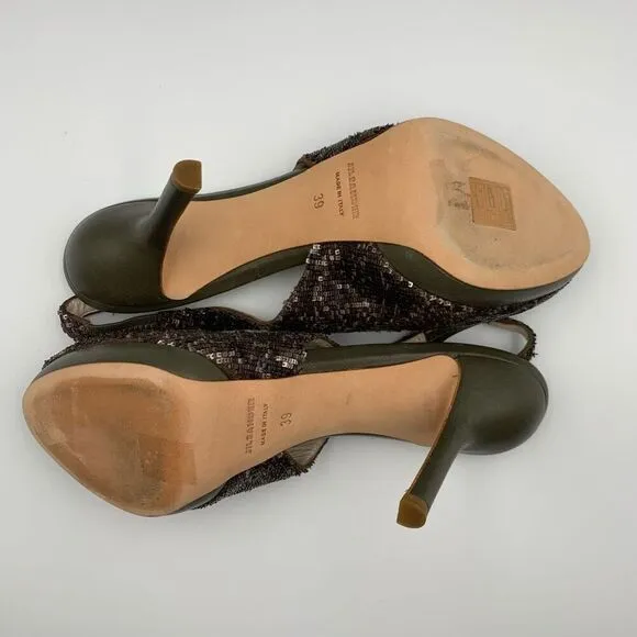 Jil Sander Micro Sequin Peep Toe Slingback Heels Olive Green Size 8.5