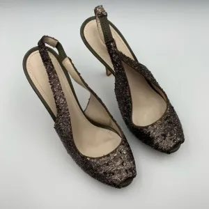 Jil Sander Micro Sequin Peep Toe Slingback Heels Olive Green Size 8.5