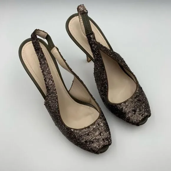 Jil Sander Micro Sequin Peep Toe Slingback Heels Olive Green Size 8.5