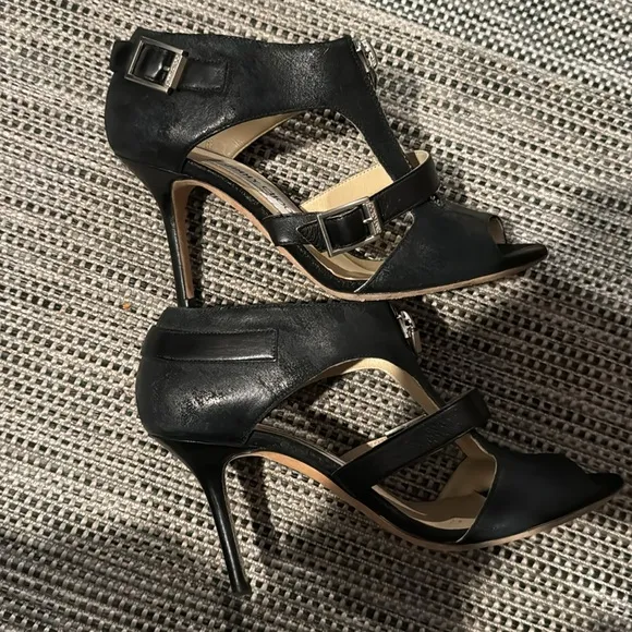 Jimmy Choo distressed leather heels with center zipper, strap with buckle