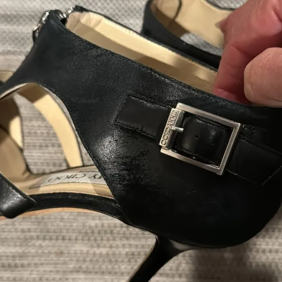 Jimmy Choo distressed leather heels with center zipper, strap with buckle
