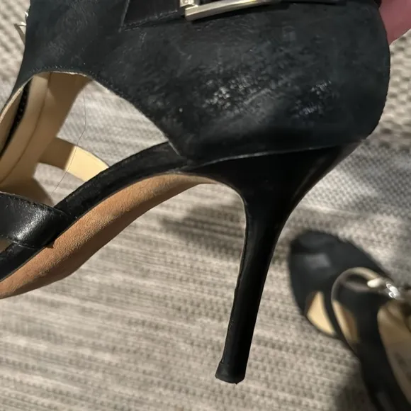 Jimmy Choo distressed leather heels with center zipper, strap with buckle