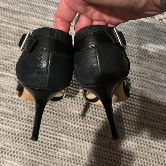 Jimmy Choo distressed leather heels with center zipper, strap with buckle