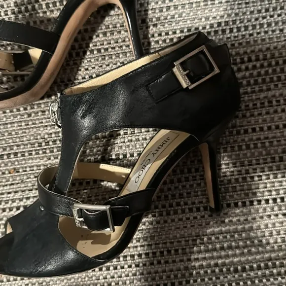 Jimmy Choo distressed leather heels with center zipper, strap with buckle