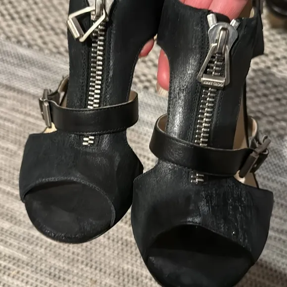 Jimmy Choo distressed leather heels with center zipper, strap with buckle