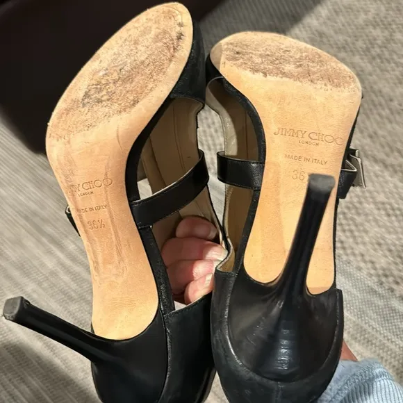 Jimmy Choo distressed leather heels with center zipper, strap with buckle