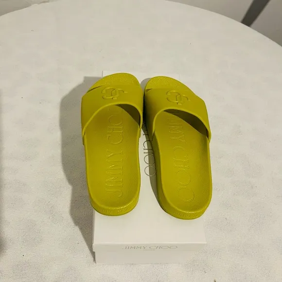 Jimmy Choo Port Logo rubber applique slides in Lime. Size 37