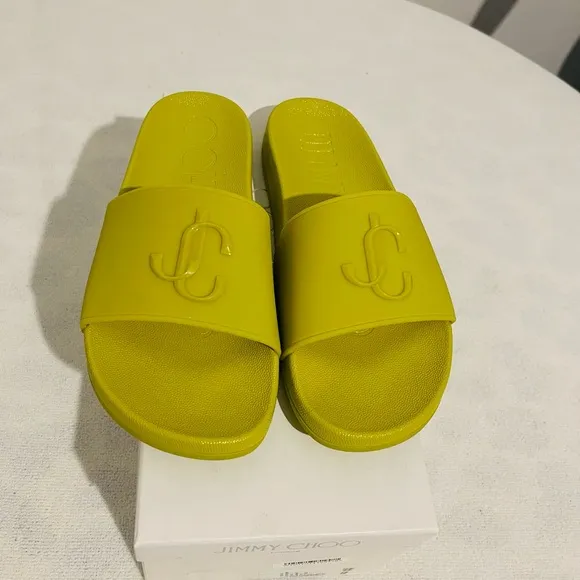 Jimmy Choo Port Logo rubber applique slides in Lime. Size 37