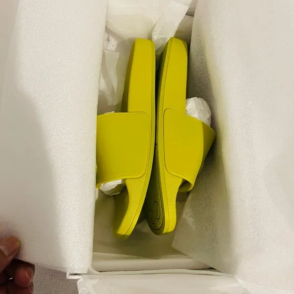 Jimmy Choo Port Logo rubber applique slides in Lime. Size 37