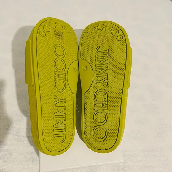 Jimmy Choo Port Logo rubber applique slides in Lime. Size 37