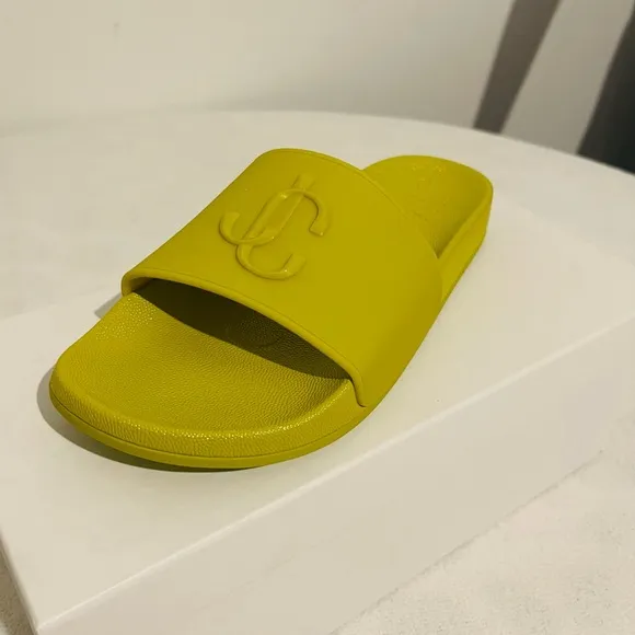 Jimmy Choo Port Logo rubber applique slides in Lime. Size 37