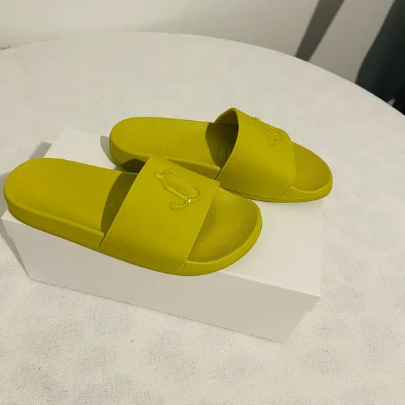 Jimmy Choo Port Logo rubber applique slides in Lime. Size 37