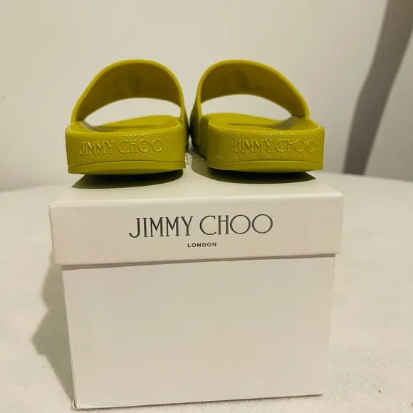 Jimmy Choo Port Logo rubber applique slides in Lime. Size 37