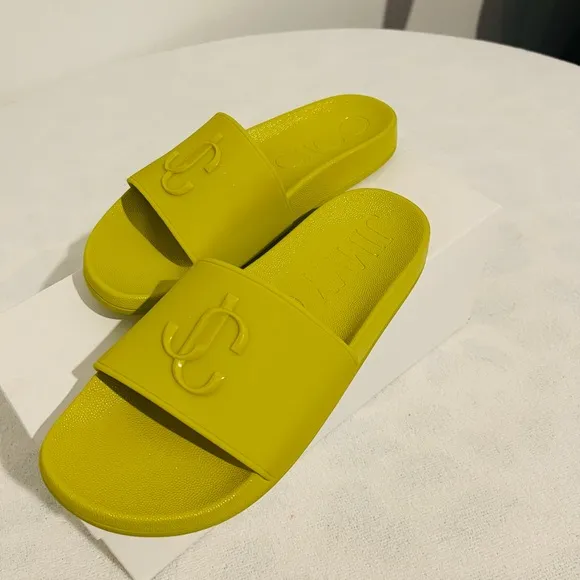 Jimmy Choo Port Logo rubber applique slides in Lime. Size 37